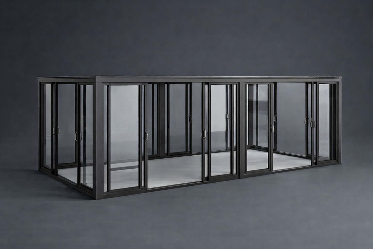 All-glass outdoor room with adjustable louvered roof